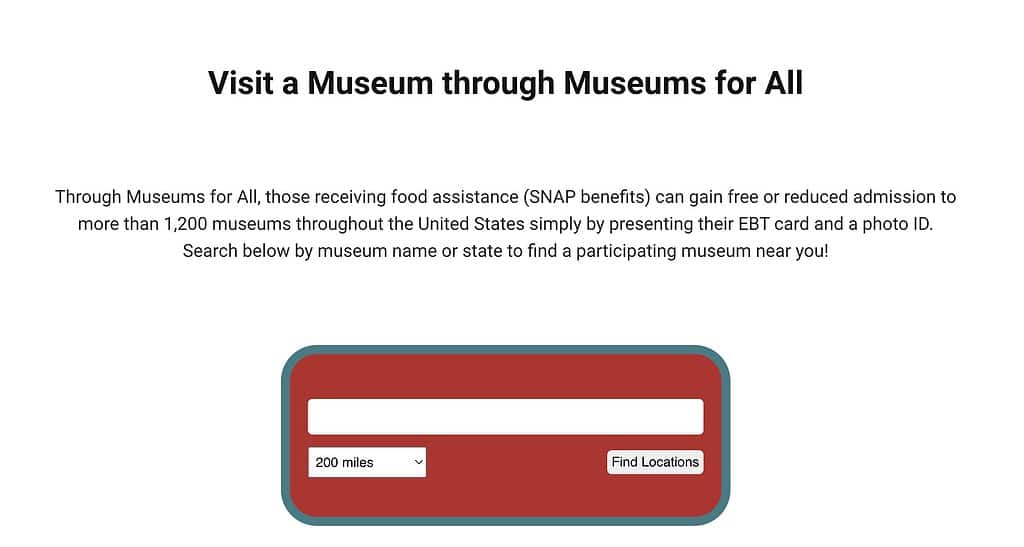 Screenshot of the Museums for All website to search for participating museums.